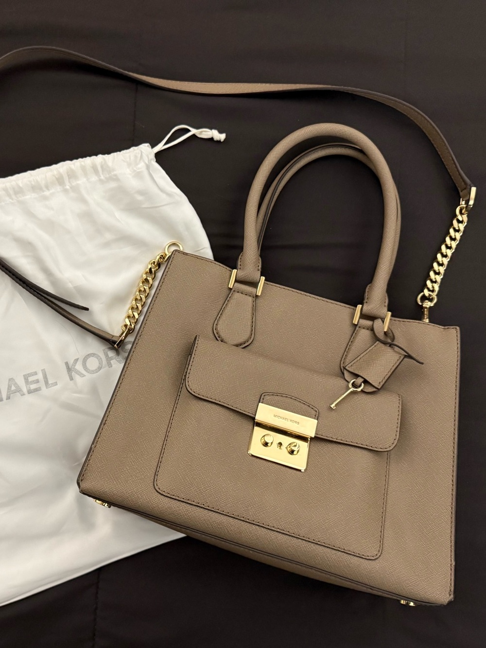 Michael Kors Taupe Saffiano Leather Satchel with Gold Hardware